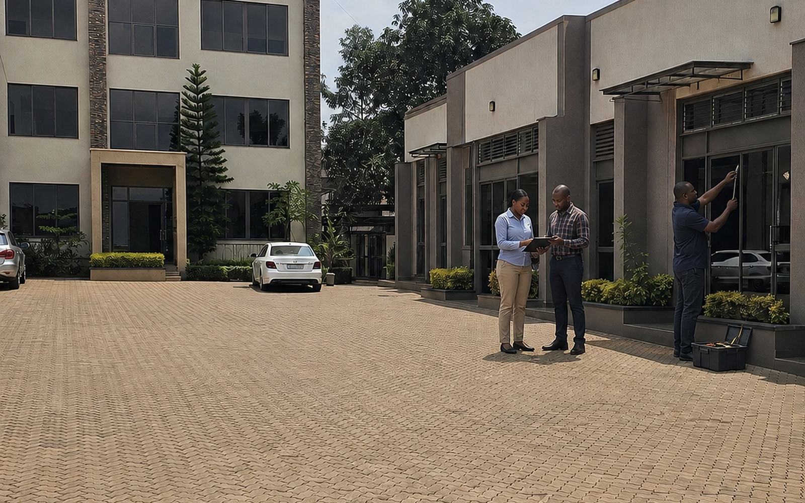 ROEL Consultants property managers reviewing a commercial building in Nakawa, Kampala, with a maintenance technician on site