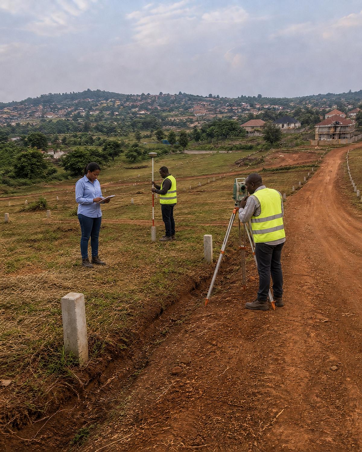 ROEL Consultants land officer and surveyors checking boundary markers on subdivided plots outside Kampala